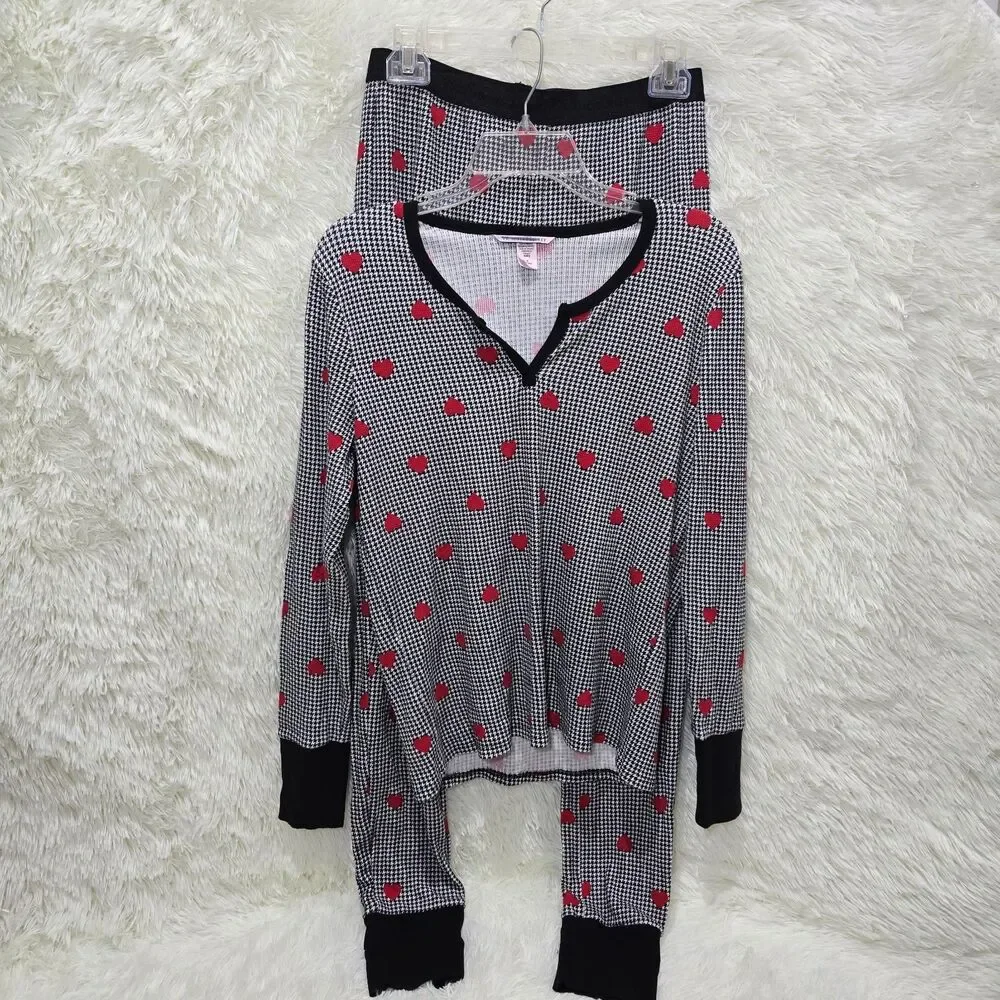 Victoria Secret Soft Thermal Pajama Set M Grey Red Hearts Patterns 2pc Sleepwear